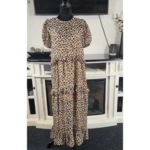 Dark Pink London Midi Dress Womens 6 Small Animal Print Tiered